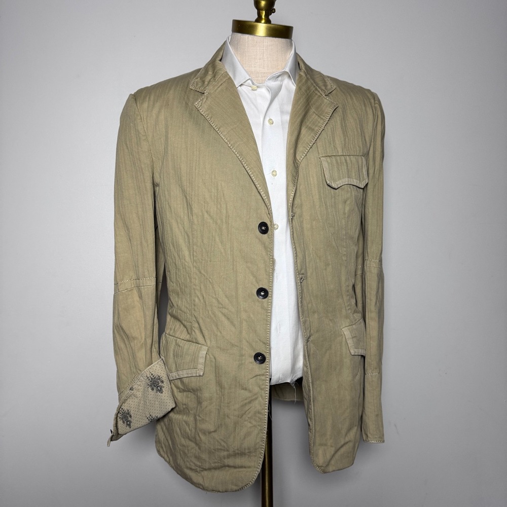 House of Howe Blazer Mens 42R Khaki Tan Herringbone Cotton Skull Graphic Edgy